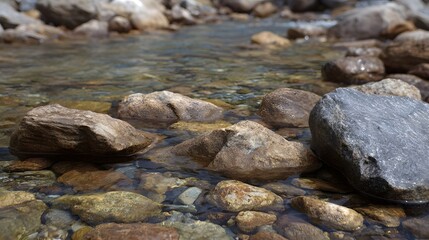 Close up view of clear shallow stream water gently flowing over colorful smooth rocks and pebbles at the riverbed