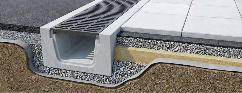 Cross section of an urban drainage system with concrete and gravel layers. Water management infrastructure for city planning and engineering. Banner with copy space
