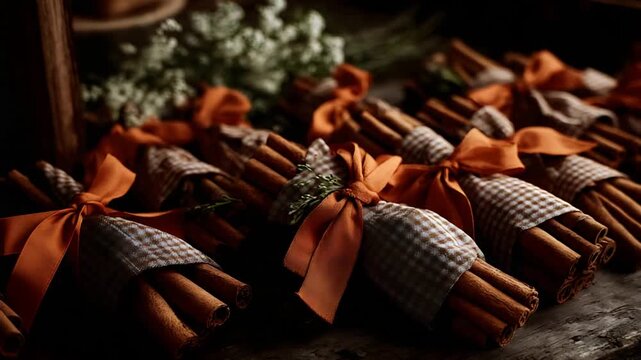 Festive Aromatic Cinnamon Sticks Bundled with Orange Ribbons on a Dark Rustic Wooden Table.