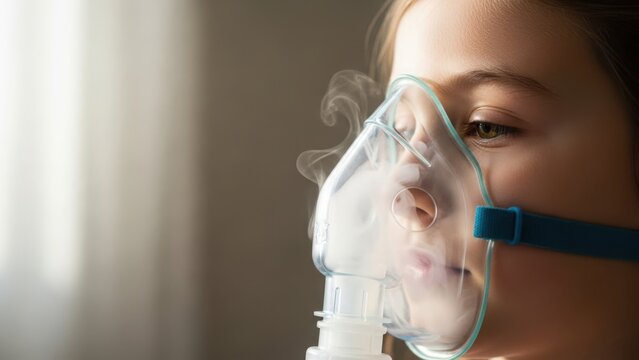 Child receiving respiratory nebulizer treatment with a medical mask. Young patient inhaling vapor for breathing illness. Healthcare concept with copy space