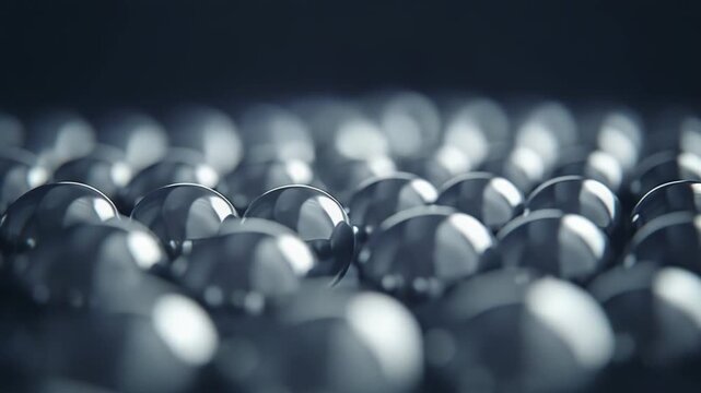 Metallic ball bearings resting on a surface with more spheres out of focus falling above, creating a seamless pattern embodying concepts of industry, precision, and advanced technology