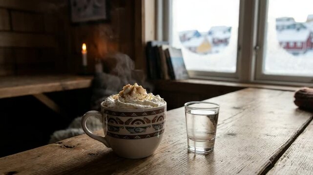 greenlandic coffee nuuk, steaming coffee in a traditional ceramic cup video