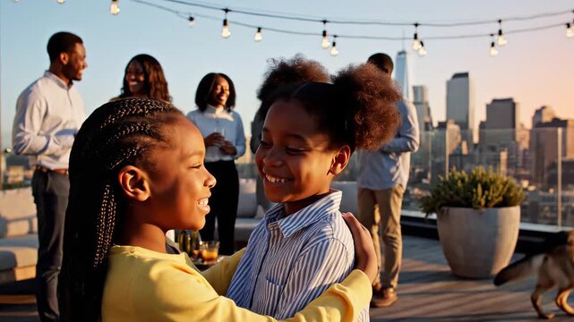 Two girls hugging on rooftop with family and dog