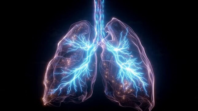 Anatomical illustration of human lungs with glowing blue airways and vessels against a dark background from a detailed medical viewpoint