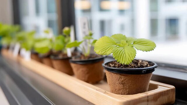 Rows of vibrant green seedlings thrive in pots on a windowsill with city views.