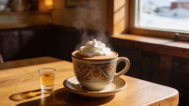 greenlandic coffee nuuk, steaming coffee in a traditional ceramic cup video