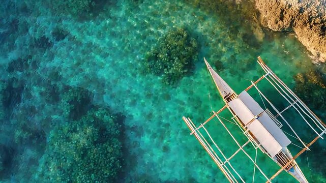Stunning Drone Perspective of a Bangka Exploring Pristine Coral Reefs in Tropical Waters.