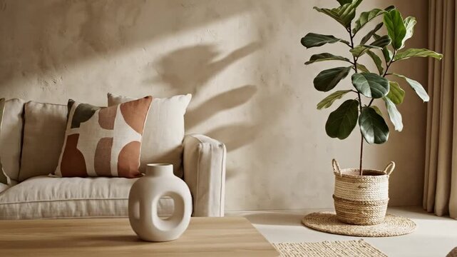 Beige linen sofa with earth tone patterned decorative cushions against textured tan wall in cozy living room interior