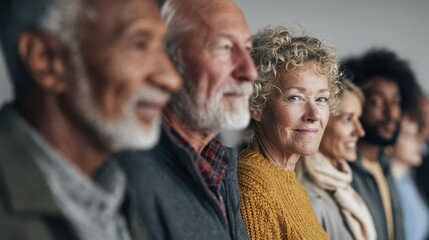 Fototapeta premium A Multiethnic Group Standing in a Neat Single File in an Indoor Studio