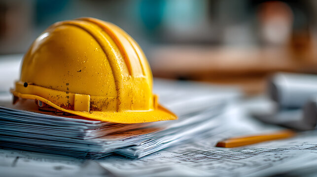 Yellow hard hat stack construction documents, safety compliance, engineering paperwork, building regulations, site management, contractor audits, permit approvals, occupational safety, risk control
