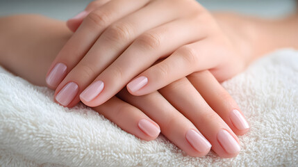 Naklejka premium Hands with neatly manicured nails resting on a soft towel in a relaxed setting during a beauty treatment session