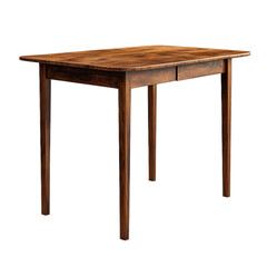 Fototapeta premium A wooden table with a dark wood finish and a single drawer, isolated on a white background.