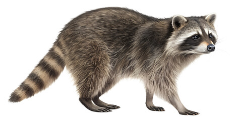 Fototapeta premium Realistic raccoon standing full body, countryside animal, detailed fur and face, natural posture, isolated on transparent background, PNG, studio lighting, ultra realistic 