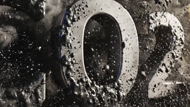 Dirty number 02 close-up shot with messy splatters on a grimy surface, illustrating grunge texture and messy splatter effect
