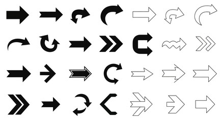 Collection of various black and white arrow and curve symbols
