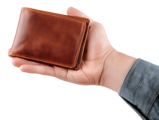 Hand Holding Empty Brown Leather Wallet Isolated on White Background, Financial Problem Concept
