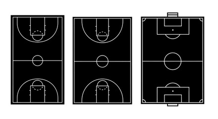 Three aerial views of basketball courts in black and white