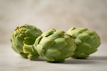 Fototapeta premium Fresh artichokes on a light surface with a simple background during daylight hours