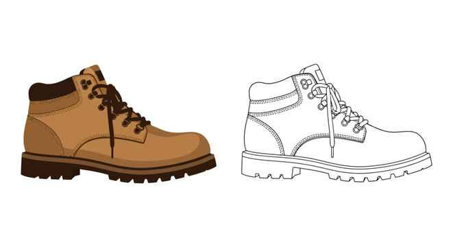Illustration of a brown boot shown in color and line drawing styles