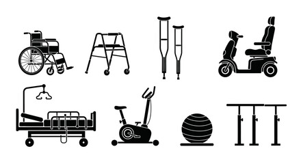 Variety of medical assistive devices shown in black and white silhouettes