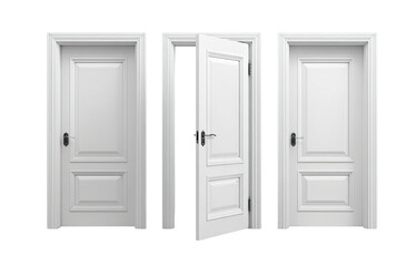 Three white doors, one open.  Symmetrical, classic style, with paneling.  Hardware visible.  Isolated on a white background