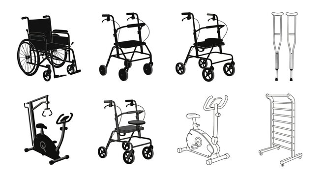 Assortment of mobility aids and assistive devices in black and white