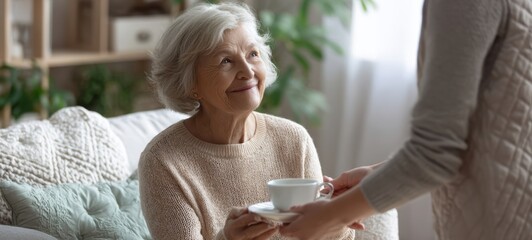 The elderly woman receiving a warm cup of tea from a caring companion at home