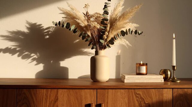 Minimalist beige ceramic vase with dried pampas grass and eucalyptus on wooden sideboard with lit candles and books in warm sunlight