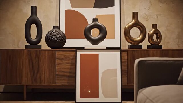 Modern abstract ceramic and metallic vases on wooden sideboard with geometric framed art in cozy living room setting