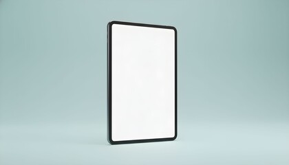 A sleek black framed rectangle stands upright on a light blue surface and background.