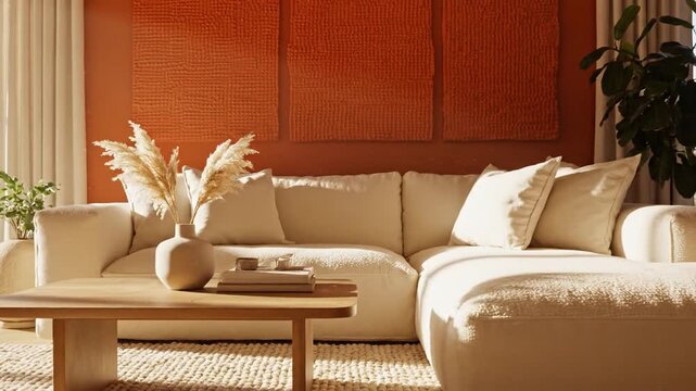Modern beige sectional sofa with white cushions and wooden coffee table with vase and pampas grass in warm orange living room interior
