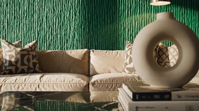Modern beige sofa with patterned cushions and decorative vase in stylish living room featuring green textured wall and abstract art, perfect for interior design projects