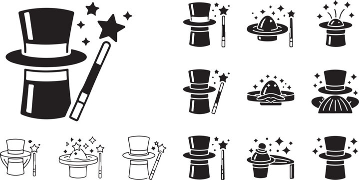 Black and white illustrations of magic hat and wand with various top hats