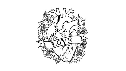 Obraz premium A delicate line art illustration of a heart surrounded by flowers and a banner with the word love