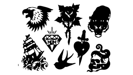 A set of eight black silhouette tattoo icons on a white background