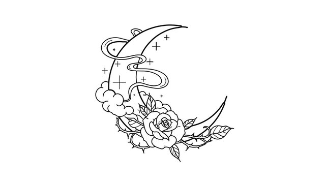 A minimalist vector illustration of a crescent moon with a rose and clouds in a simple line art style