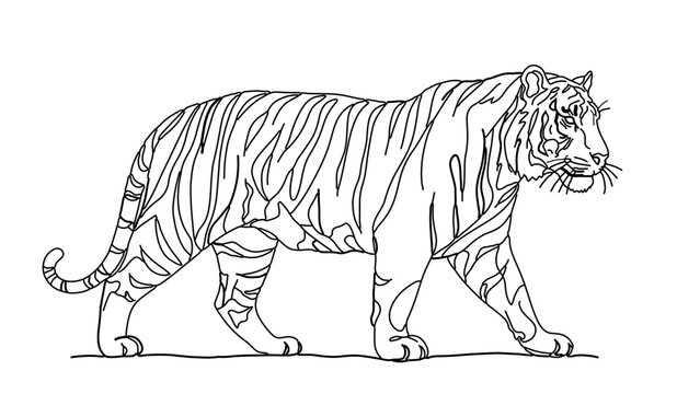 A minimalist line art illustration of a tiger walking in a simple and elegant style