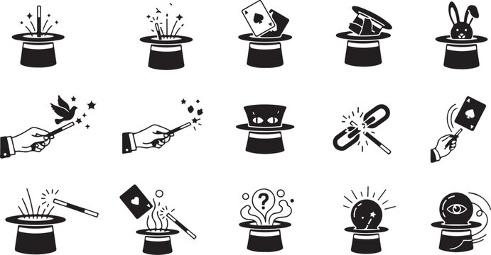 Black and white illustrations of magic tricks and illusions