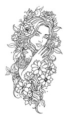 Fototapeta premium A delicate line art illustration of a woman's face surrounded by floral elements and foliage in a minimalist design style.
