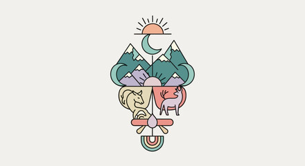 Fototapeta premium Abstract geometric design featuring mountains, sun, moon, and animals in modern style.