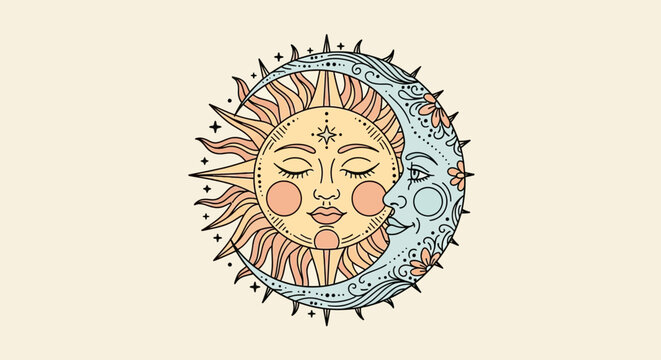 Artistic illustration of the sun and moon combined in a celestial design.