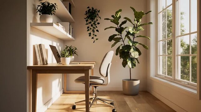 Modern minimalist home office setup with wooden desk, laptop, potted plants, neutral chair, and natural sunlight perfect for remote work or study