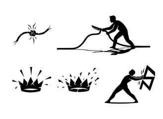 Primitive Energy and Human Action Icon Set Showing Power, Impact, Movement, and Raw Physical Interaction in Expressive Black Silhouette Style