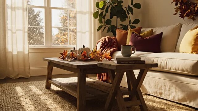 Rustic wooden coffee table with white decorative pumpkins and autumn leaves in cozy living room with beige sofa and fall decor perfect for seasonal design