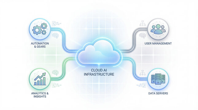 Cloud AI infrastructure diagram with four main components automation and gears, user management, analytics and insights, and data servers. Each component is connected to central cloud icon