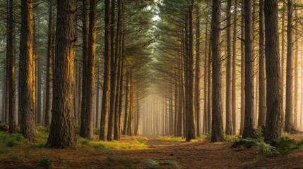 Obraz premium Long Pine Treeline: Golden Hour Forest Row Extending to the Horizon