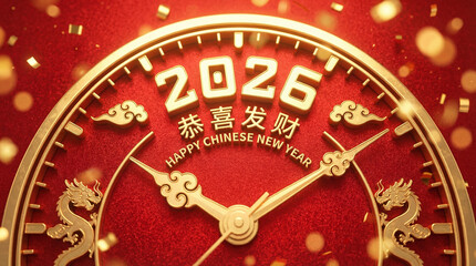Golden clock face with year 2026 and Happy Chinese New Year text is adorned with dragon motifs, set against red background with festive confetti