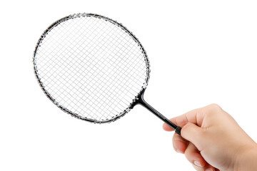 Close-up of a badminton racket held by a hand.  The racket's head is circular with a fine mesh.  The handle is dark and extends from the head.  Isolated on a black background