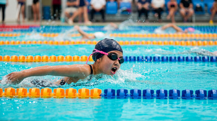 Young swimmer in competitive race, wearing swim cap and goggles, powers through water with determination. pool is marked with colorful lane dividers, and spectators watch from background