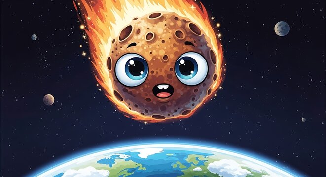 Cartoon Asteroid Approaching Earth with Surprised Expression.